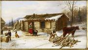 Cornelius Krieghoff, Chopping Logs Outside a Snow Covered Log Cabin